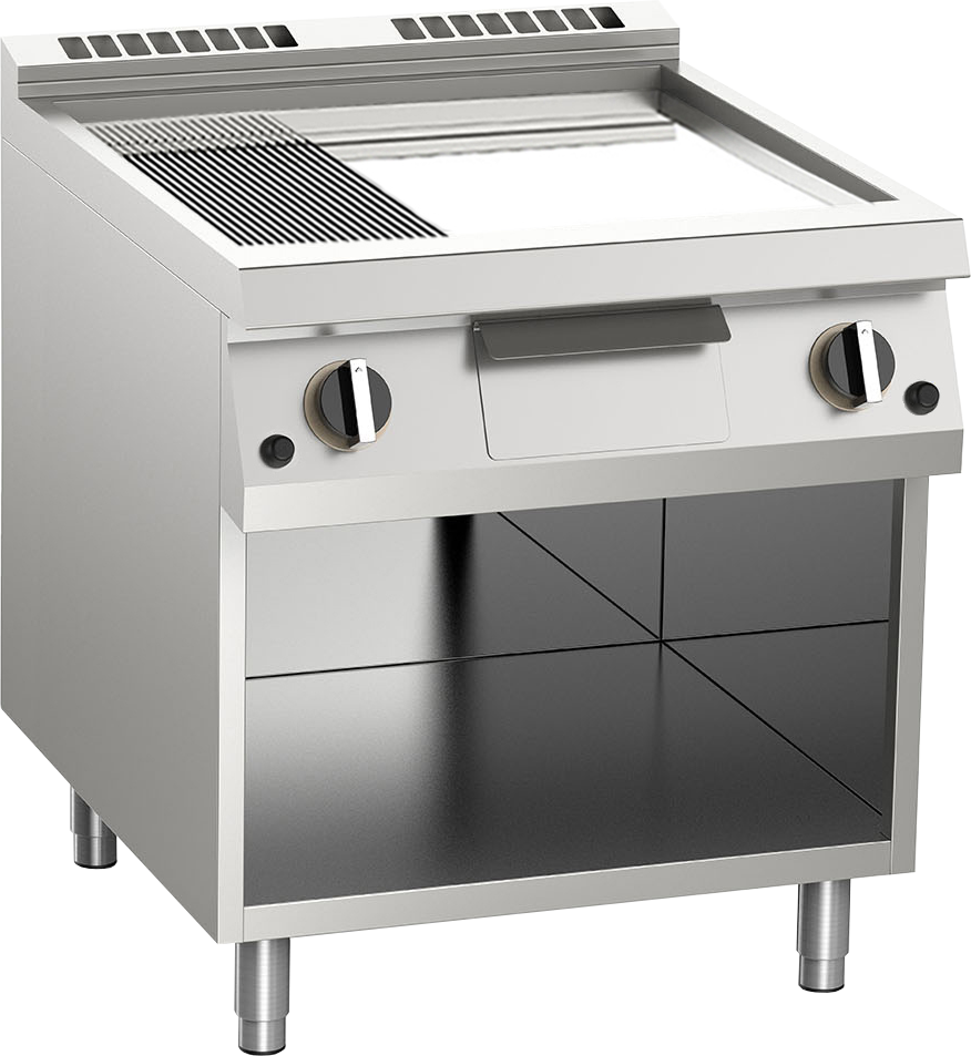 Gas-Grillplatte geteilt verchromt 14kW mit 2 Heizzonen offener Unterbau