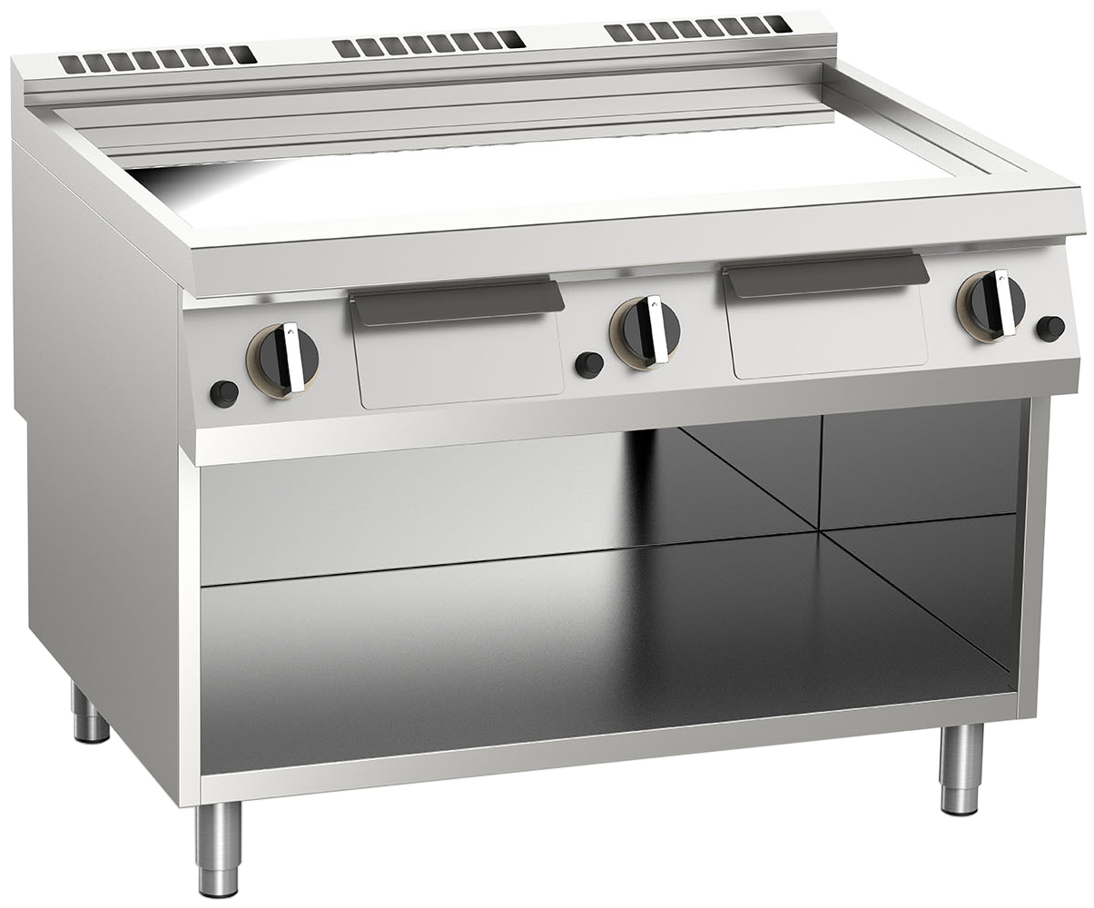 Gas-Grillplatte glatt verchromt 21kW mit 3 Heizzonen offener Unterbau