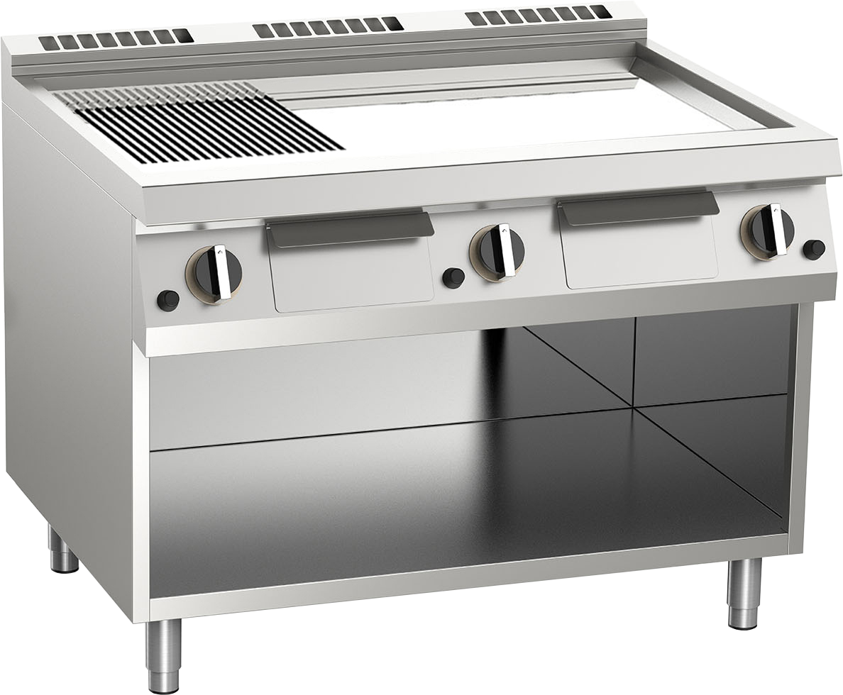 Gas-Grillplatte geteilt verchromt 21kW mit 3 Heizzonen offener Unterbau