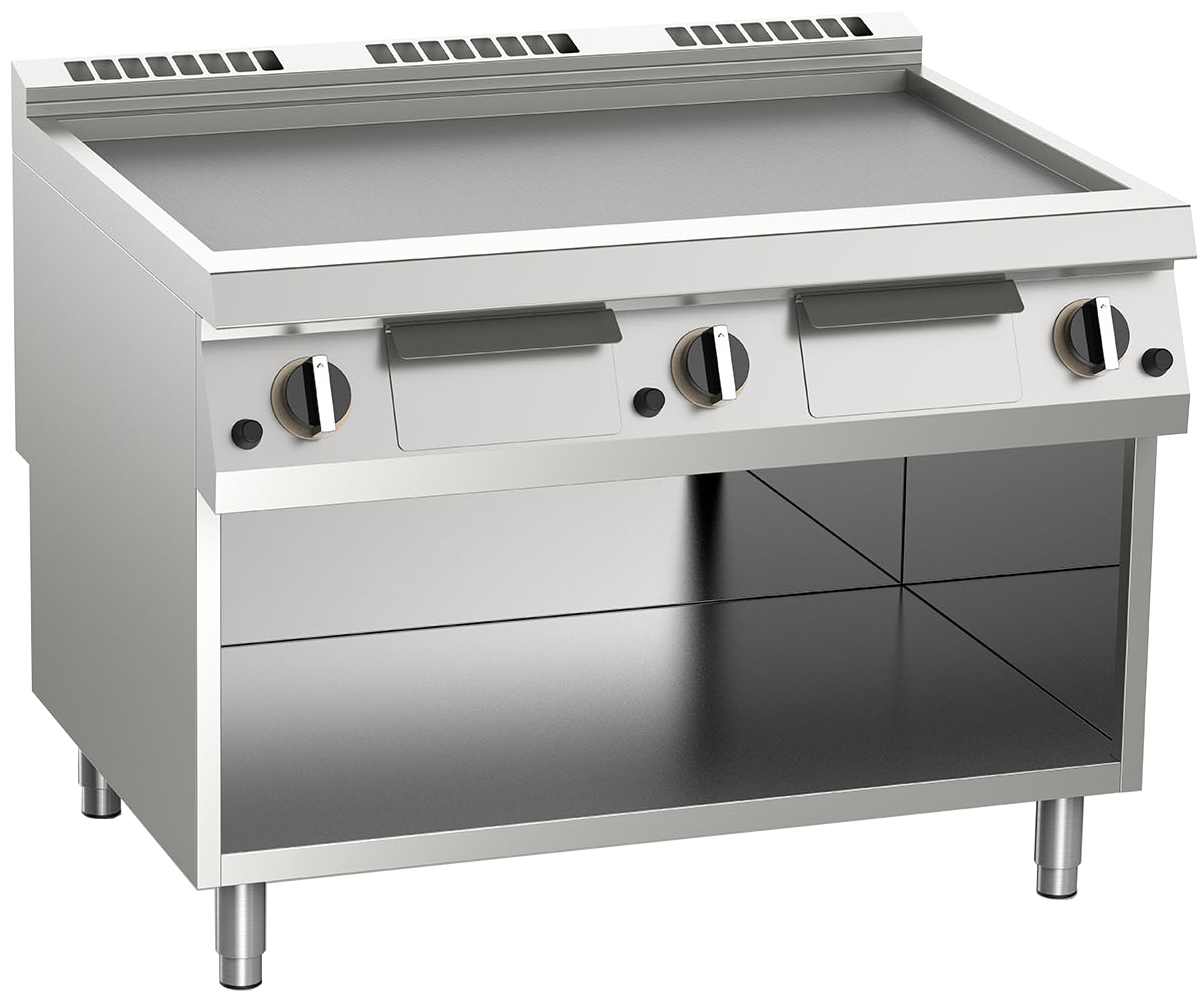Gas-Grillplatte glatt aus Edelstahl 18kW mit 3 Heizzonen offener Unterbau
