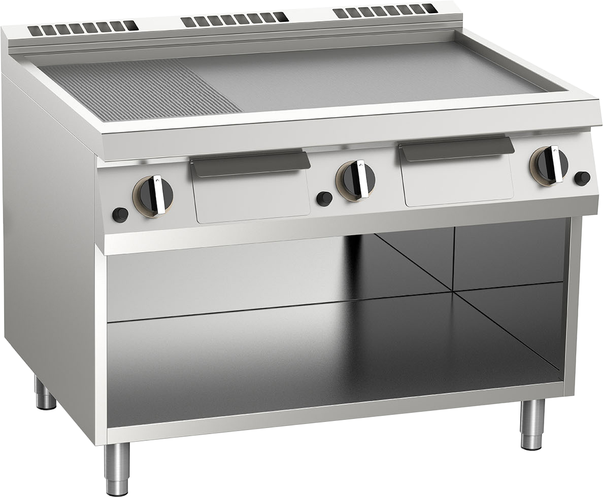 Gas-Grillplatte aus Edelstahl 2/3 glatt + 1/3 gerillt 18kW offener Unterbau